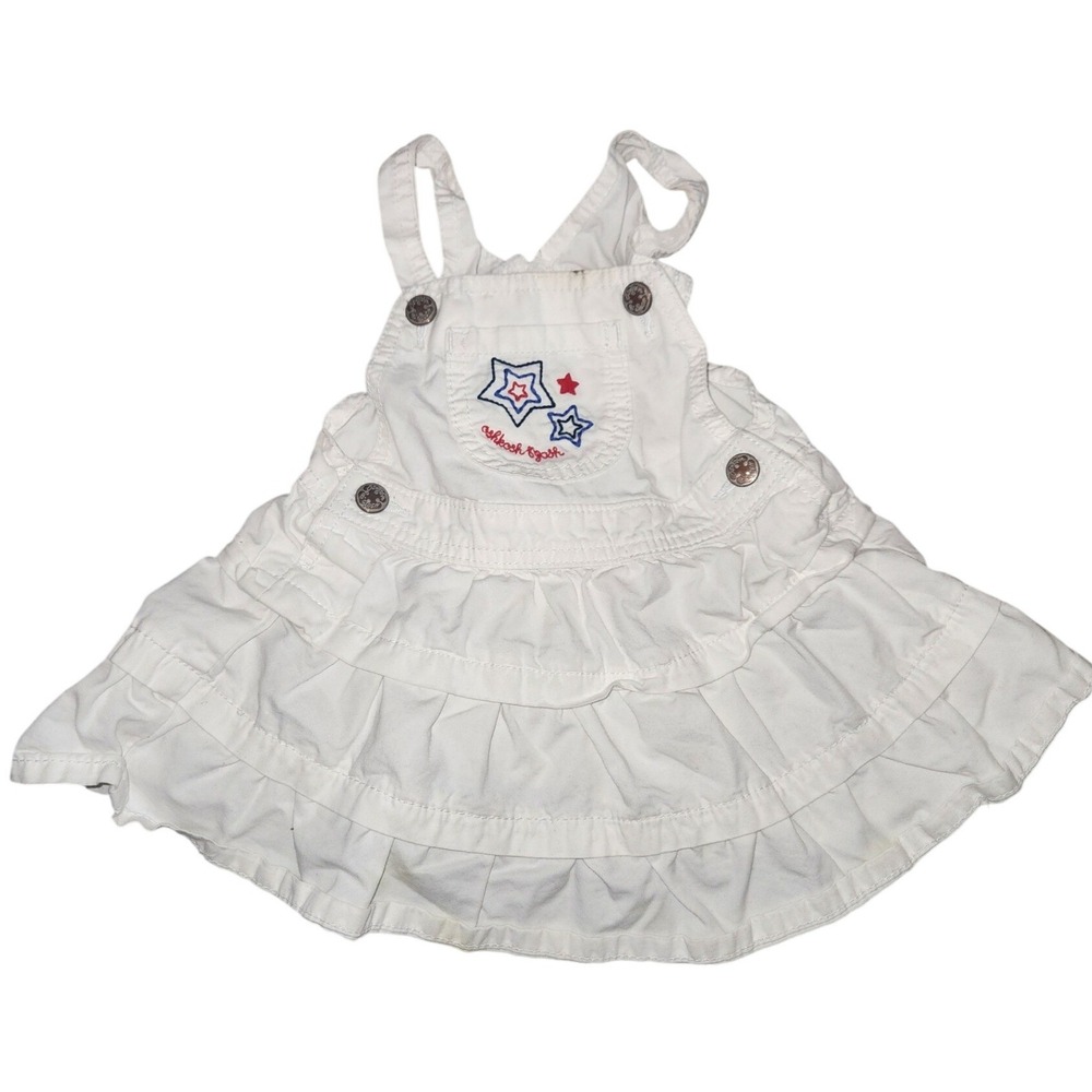 OshKosh Bgosh Baby Girl White Denim‎ Star Embroidered Ruffle Overall Dress 12M